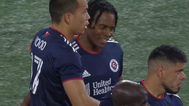 Bobby Wood pictured (left) after scoring for New England Revolution against Inter Miami in June 2023